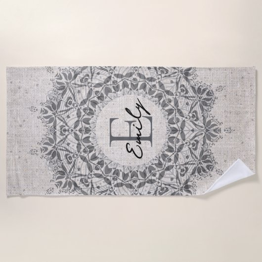 Mandala Name Monogram Monochrome Light Grau Strandtuch (Vorderseite)