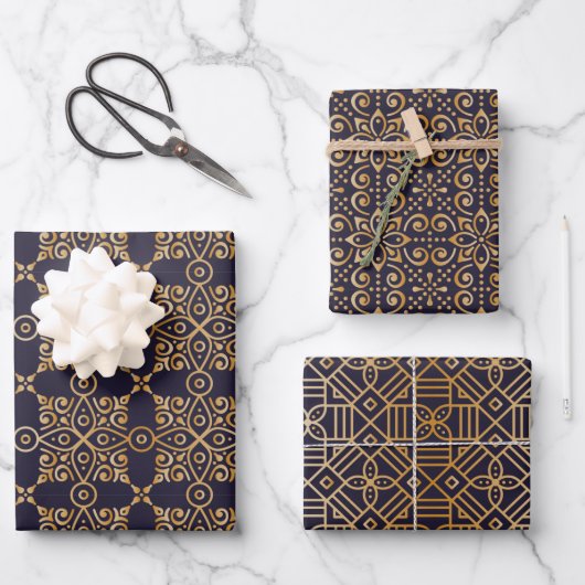 Mandala Navy und Gold Square Geschenkpapier Set (Vorderseite)