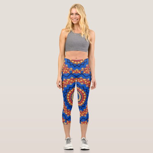 Mandala orange blau capri leggings (Vorderseite)