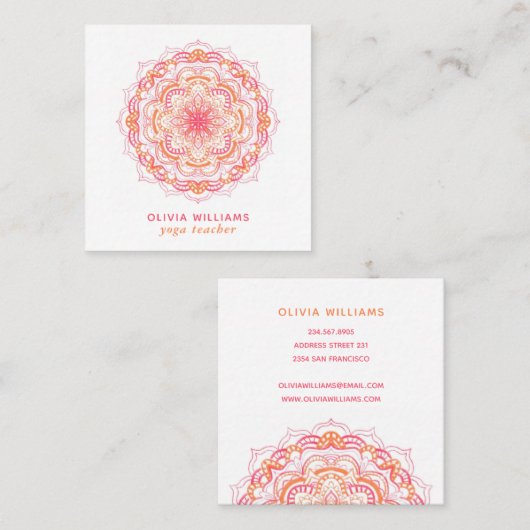 Mandala Orange Pink Spiritueller Yoga Fresh White Quadratische Visitenkarte (Vorne/Hinten)