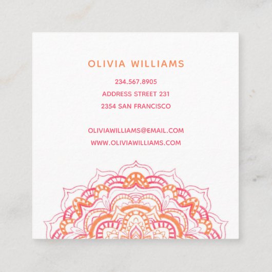 Mandala Orange Pink Spiritueller Yoga Fresh White Quadratische Visitenkarte (Rückseite)