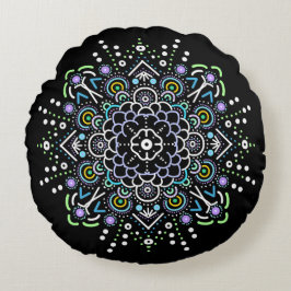 Mandala-Ornament in Schwarz, Lila und Grün Rundes Kissen
