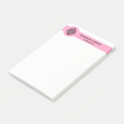 Mandala-Ornament in Schwarz und Rosa Post-it Klebezettel (angewinkelt)