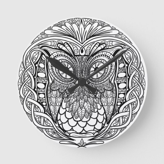 Mandala Owl Black and White Runde Wanduhr (Vorderseite)