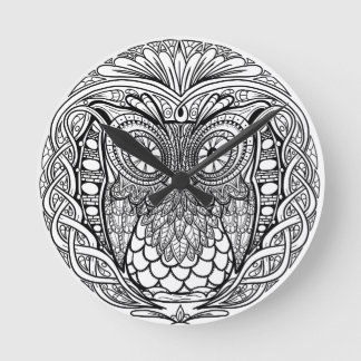 Mandala Owl Black and White Runde Wanduhr