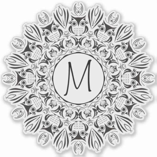 Mandala Owl Clear Round Monogram Aufkleber (Vorderseite)