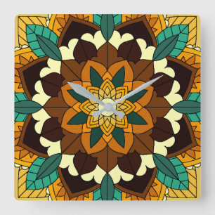 Mandala Pattern 02 in yellow & tan Square Wall Clo Quadratische Wanduhr
