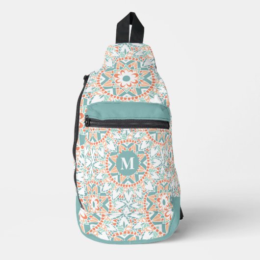 Mandala Peach Aquamarin Blume Muster Monogram Crossbody Bag (Vorderseite)