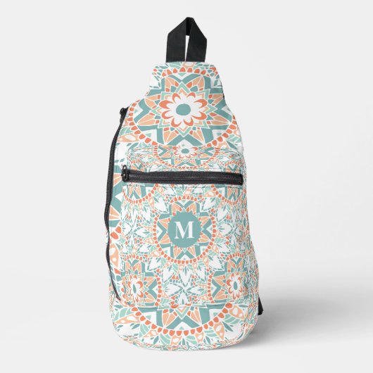 Mandala Peach Aquamarin Pattern Monogram Crossbody Bag (Vorderseite)