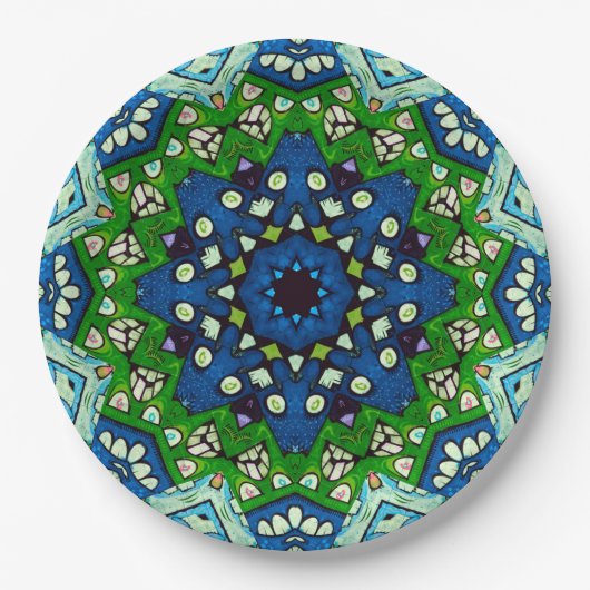 Mandala Retro Mosaic Green Blue Pattern Pappteller (Vorderseite)