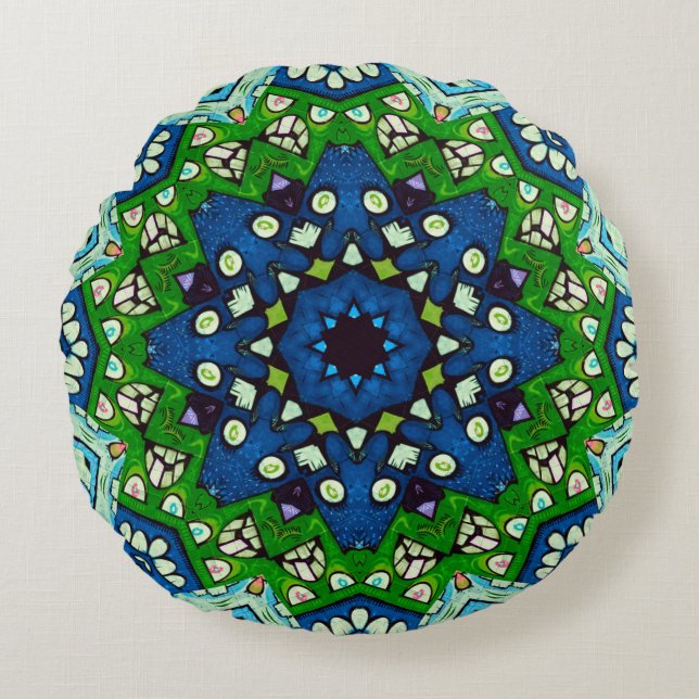 Mandala Retro Mosaic Green Blue Pattern Rundes Kissen (Vorderseite)