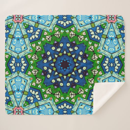 Mandala Retro Mosaic Green Blue Pattern Sherpadecke (Vorderseite (Horizontal))