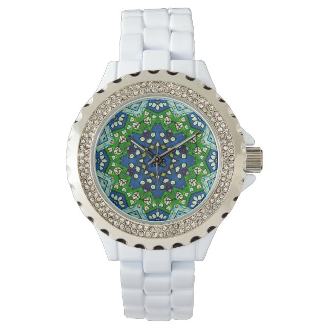 Mandala Retro Mosaik Green Blue Pattern Watch Armbanduhr (Vorderseite)
