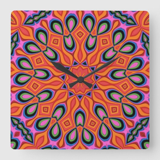Mandala Retro Orange Hipster Decor Quadratische Wanduhr (Vorderseite)