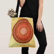 Mandala Rot Gold Punkte auf weichem Goldhintergrun
