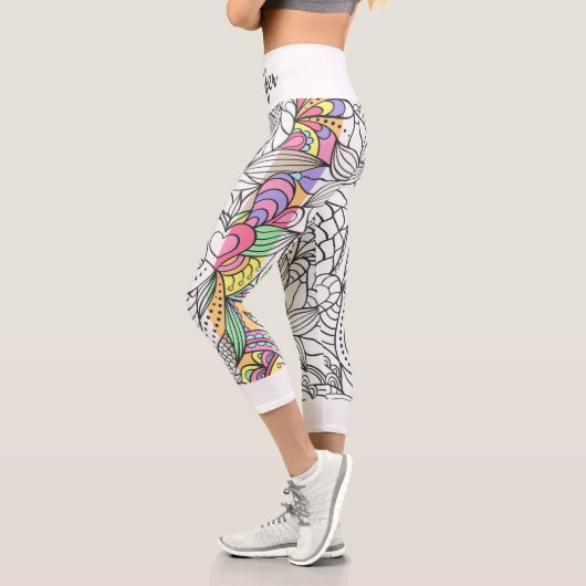 Mandala schwarz-weiß+farbige Streifen Spaß Capri Leggings (Links)