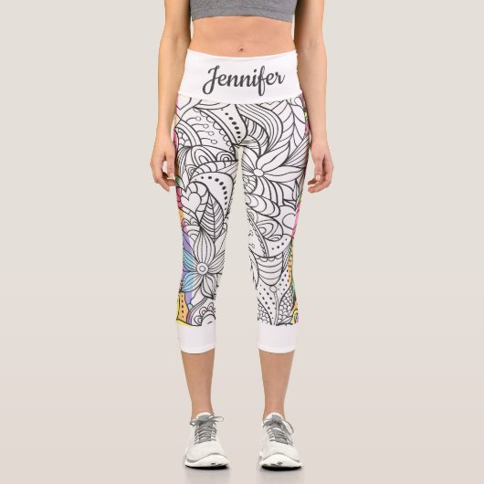 Mandala schwarz-weiß+farbige Streifen Spaß Capri Leggings (Vorderseite)