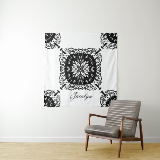 Mandala Schwarz-weiß Floral Name Tapestry Wandteppich (Beispiel)
