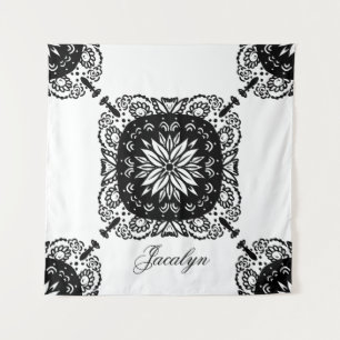 Mandala Schwarz-weiß Floral Name Tapestry Wandteppich