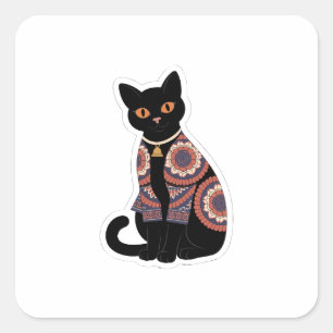 Mandala-Schwarze-Katze-Glocken-Halsband-Aufkleber Quadratischer Aufkleber