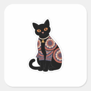Mandala-Schwarze-Katze-Glocken-Halsband-Aufkleber Quadratischer Aufkleber