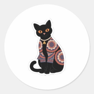 Mandala-Schwarze-Katze-Glocken-Halsband-Aufkleber Runder Aufkleber