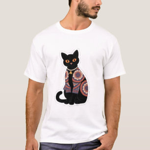 Mandala-Schwarze-Katze-Glocken-Kragen-T-Shirt T-Shirt