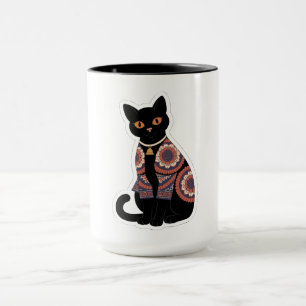 Mandala-Schwarze-Katze-Glockenhalsband-Kaffeetasse Tasse