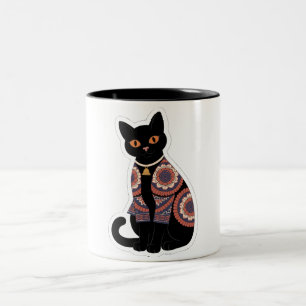 Mandala-Schwarze-Katze-mit-Glockenhalsband-Kaffeet Zweifarbige Tasse