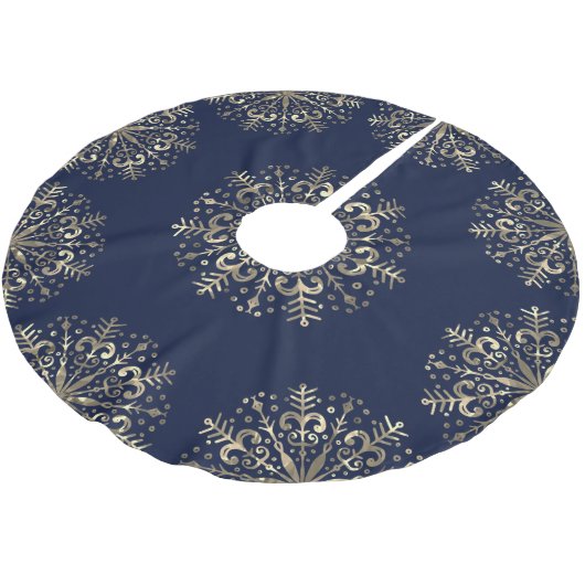 Mandala Snowflake Gold Navy Blue Tree Skirt Polyester Weihnachtsbaumdecke (Schrägansicht)