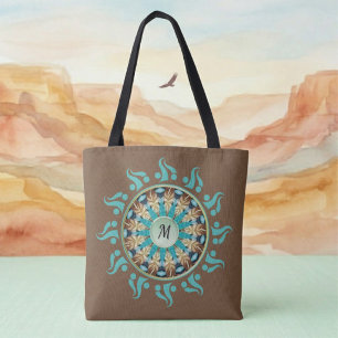 Mandala-Sonne Türkis, braun, blau und Beige-Tasche Tasche