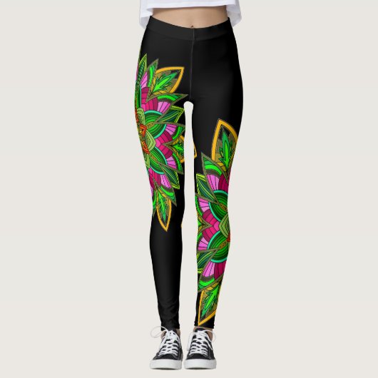 Mandala Star Power, Vivid multicolor auf schwarz Leggings (Vorderseite)