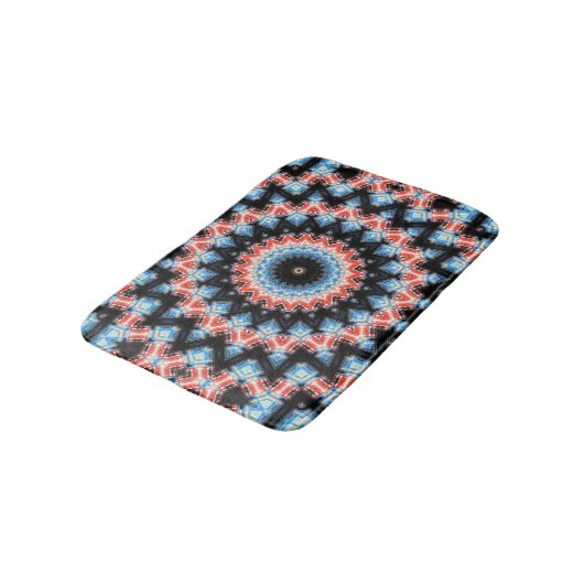 Mandala Star: Schwarz, Blau und Rot Badematte (Schrägansicht)