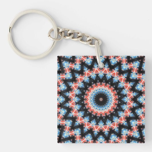 Mandala Star: Schwarz, Blau und Rot Schlüsselanhänger (Vorderseite)