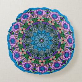 Mandala TealRose 12 Petals Pink Orange Aquamarin Rundes Kissen