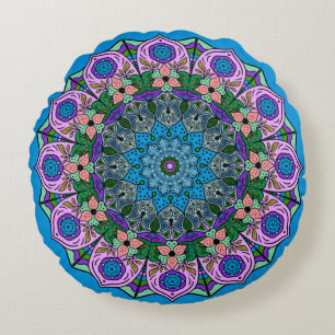 Mandala TealRose 12 Petals Pink Orange Aquamarin Rundes Kissen