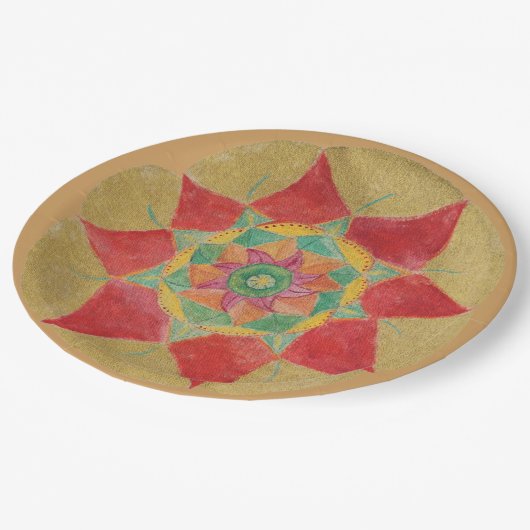 Mandala Teller 9 in goldener Handfarbe (Schrägansicht)