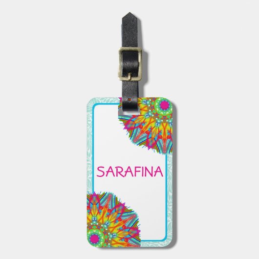 Mandala und Aqua Frame Boho Name Gepäckanhänger (Vorderseite vertikal)