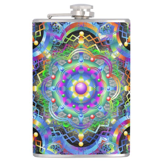 Mandala-Universum psychedelische Farben Flachmann (Vorderseite)