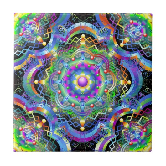 Mandala-Universum psychedelische Farben Fliese (Vorderseite)