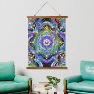 Mandala-Universum psychedelische Farben Wandteppich Mit Holzrahmen