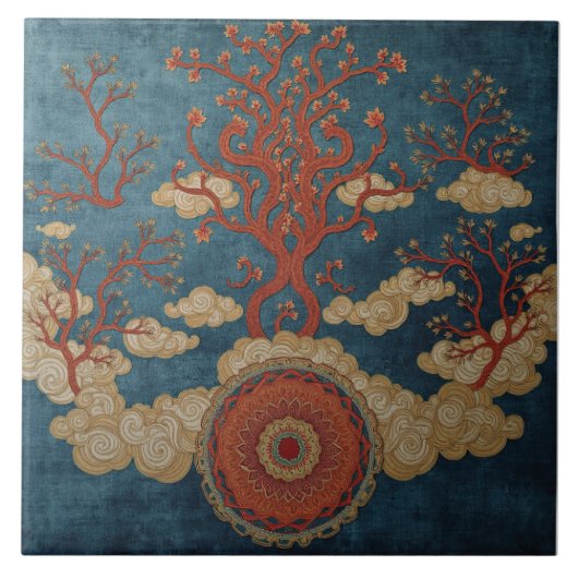 Mandala unter den Wolkenbäumen Fliese (Vorderseite)