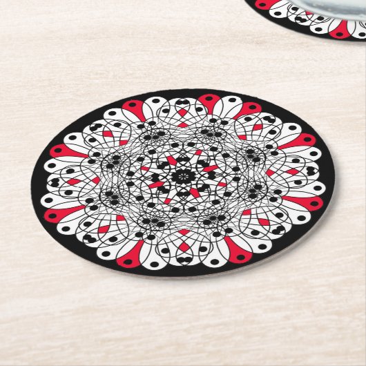 Mandala-Untersetzer in Rot, Schwarz und Weiß Runder Pappuntersetzer (Angewinkelt)