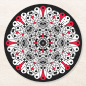 Mandala-Untersetzer in Rot, Schwarz und Weiß Runder Pappuntersetzer (Vorderseite)