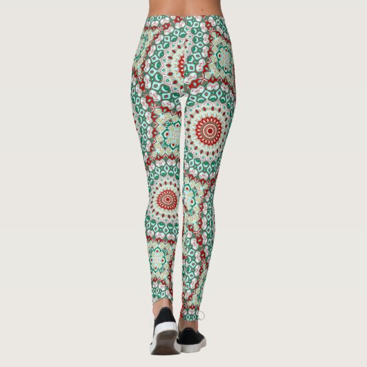Mandala Urlaub in Rot, Grün und Winter Weiß Leggings (Rückseite)