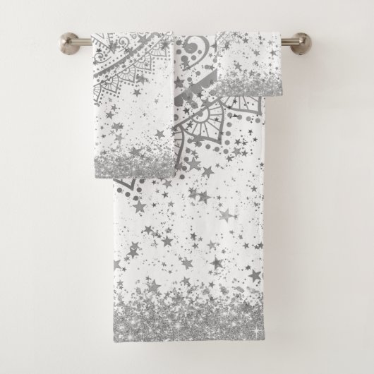 Mandala verzaubern mit Silberstern auf Weiß Badhandtuch Set (Insitu)