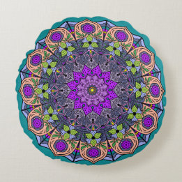 Mandala Violett Pfirsich Lachsrosa Grün Rundes Kissen