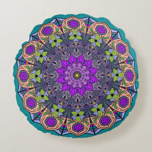 Mandala Violett Pfirsich Lachsrosa Grün Rundes Kissen