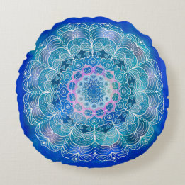 Mandala Weiße Umrandung Blaue Wasserfarbe - Rundes Kissen