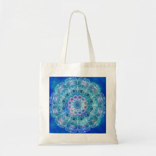 Mandala Weiße Umrandung blaue Wasserfarbe -  Tragetasche